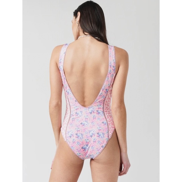 LoveShackFancy floral pink deep low scoop back one piece swimsuit - Picture 2 of 6